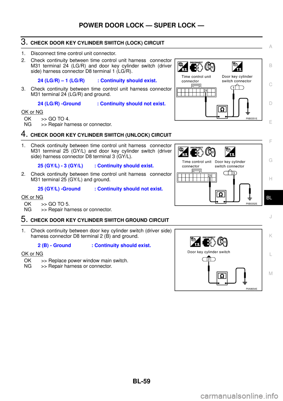 NISSAN X-TRAIL 2005  Service Repair Manual POWER DOOR LOCK — SUPER LOCK —
BL-59
C
D
E
F
G
H
J
K
L
MA
B
BL
 
3. CHECK DOOR KEY CYLINDER SWITCH (LOCK) CIRCUIT
1. Disconnect time control unit connector.
2. Check continuity between time contro