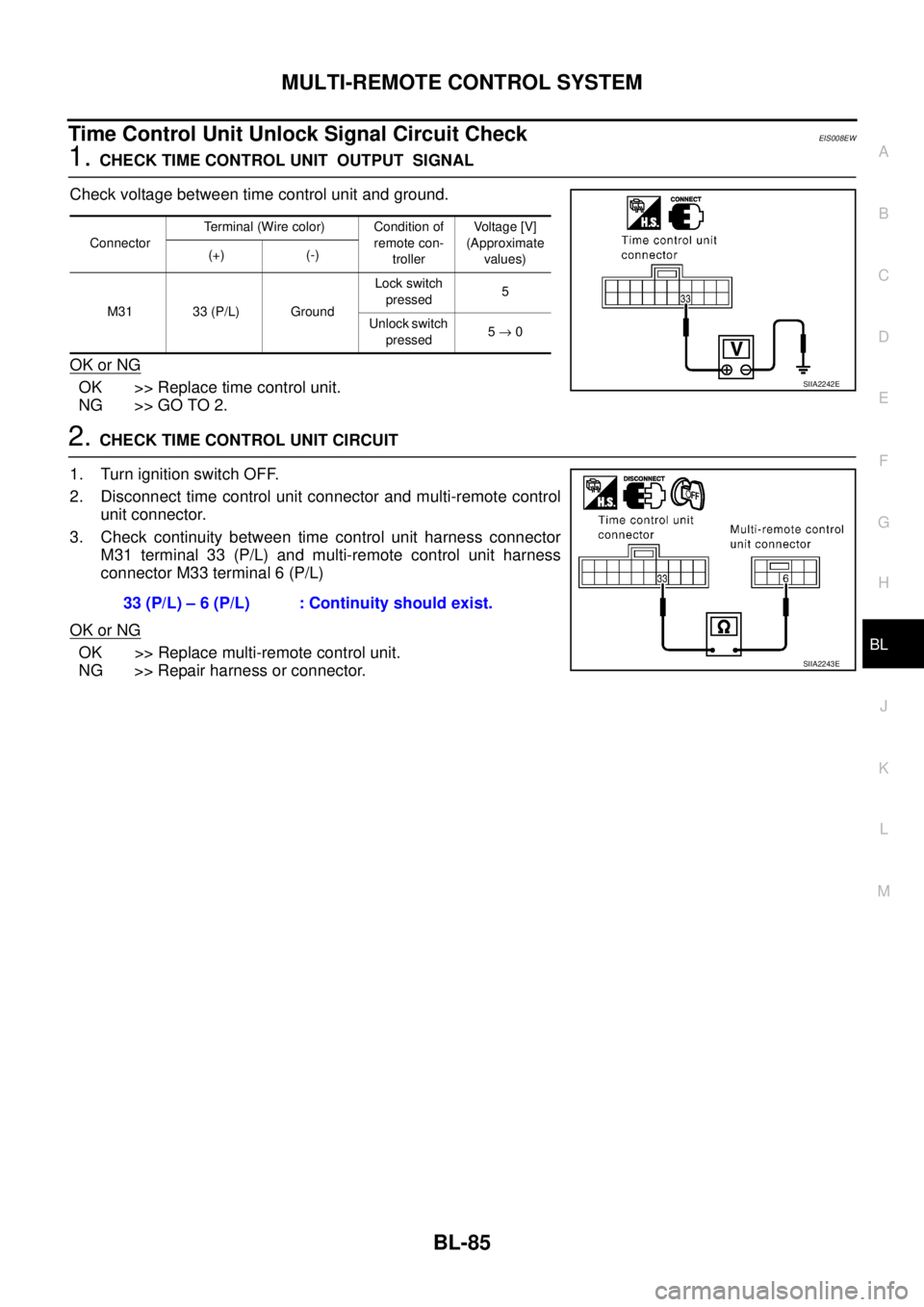 NISSAN X-TRAIL 2005 Service Repair Manual MULTI-REMOTE CONTROL SYSTEM
BL-85
C
D
E
F
G
H
J
K
L
MA
B
BL
Time Control Unit Unlock Signal Circuit CheckEIS008EW
1. CHECK TIME CONTROL UNIT OUTPUT SIGNAL
Check voltage between time control unit a NISSAN X-TRAIL 2005 Service Repair Manual MULTI-REMOTE CONTROL SYSTEM
BL-85
C
D
E
F
G
H
J
K
L
MA
B
BL
Time Control Unit Unlock Signal Circuit CheckEIS008EW
1. CHECK TIME CONTROL UNIT OUTPUT SIGNAL
Check voltage between time control unit a