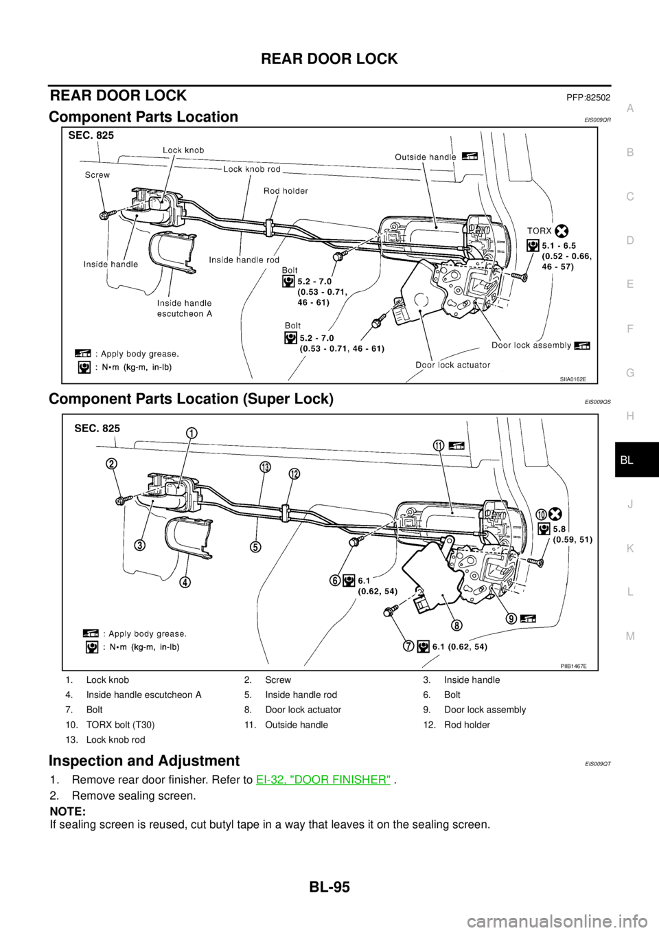 NISSAN X-TRAIL 2005  Service Repair Manual REAR DOOR LOCK
BL-95
C
D
E
F
G
H
J
K
L
MA
B
BL
 
REAR DOOR LOCKPFP:82502
Component Parts LocationEIS009QR
Component Parts Location (Super Lock)EIS009QS
Inspection and AdjustmentEIS009QT
1. Remove rear