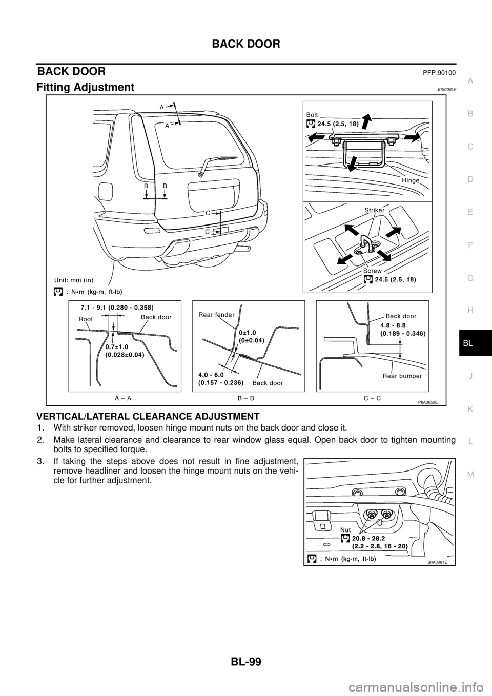 NISSAN X-TRAIL 2005  Service Repair Manual BACK DOOR
BL-99
C
D
E
F
G
H
J
K
L
MA
B
BL
 
BACK DOORPFP:90100
Fitting AdjustmentEIS000LF
VERTICAL/LATERAL CLEARANCE ADJUSTMENT
1. With striker removed, loosen hinge mount nuts on the back door and cl