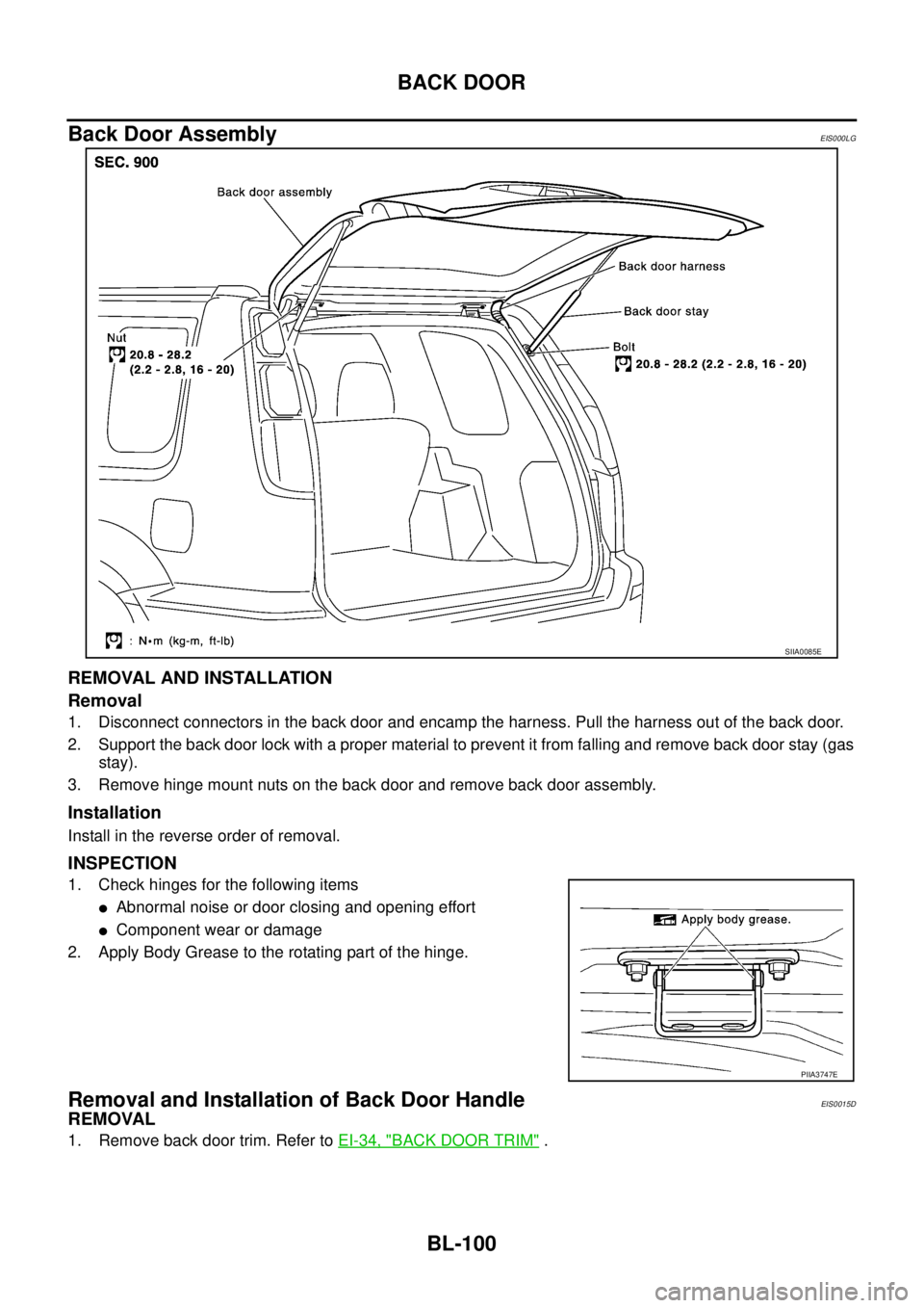 NISSAN X-TRAIL 2005  Service Repair Manual BL-100
BACK DOOR
 
Back Door AssemblyEIS000LG
REMOVAL AND INSTALLATION
Removal
1. Disconnect connectors in the back door and encamp the harness. Pull the harness out of the back door.
2. Support the b