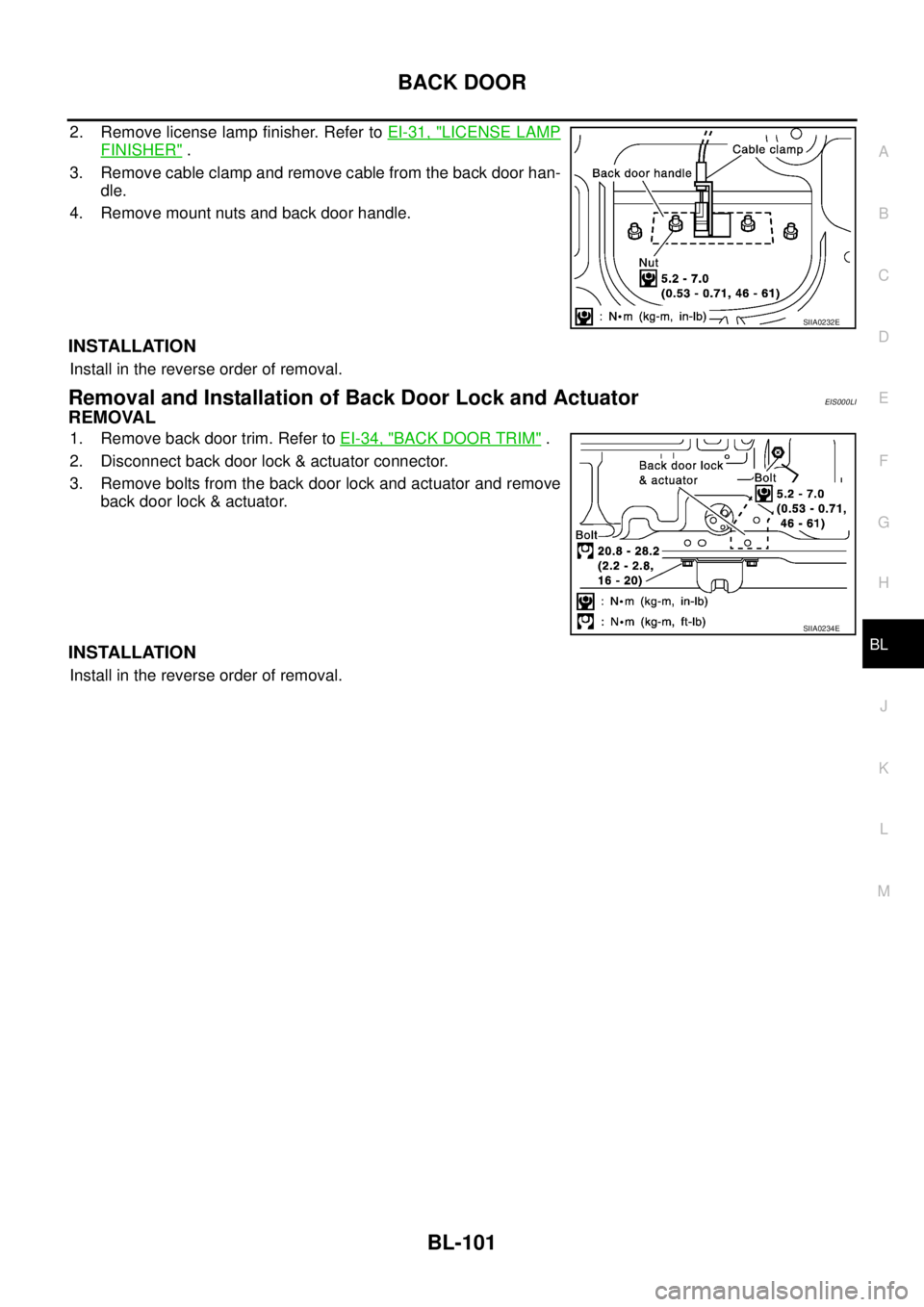 NISSAN X-TRAIL 2005  Service Repair Manual BACK DOOR
BL-101
C
D
E
F
G
H
J
K
L
MA
B
BL
 
2. Remove license lamp finisher. Refer to EI-31, "LICENSE LAMP
FINISHER" .
3. Remove cable clamp and remove cable from the back door han-
dle.
4. Remove mo