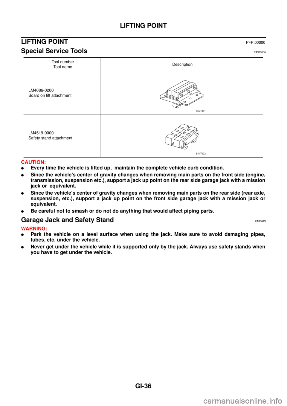 NISSAN X-TRAIL 2005  Service Owners Guide GI-36
LIFTING POINT
 
LIFTING POINTPFP:00000
Special Service Tools EAS000FH
CAUTION:
Every time the vehicle is lifted up,  maintain the complete vehicle curb condition.
Since the vehicles center of