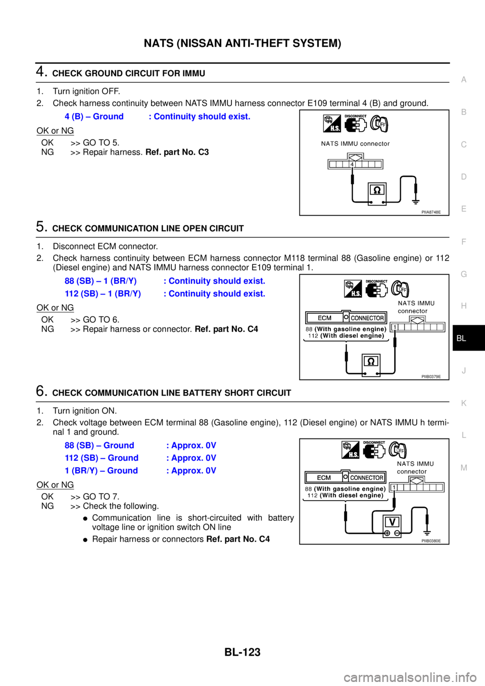 NISSAN X-TRAIL 2005 Service Repair Manual NATS (NISSAN ANTI-THEFT SYSTEM)
BL-123
C
D
E
F
G
H
J
K
L
MA
B
BL
4. CHECK GROUND CIRCUIT FOR IMMU
1. Turn ignition OFF.
2. Check harness continuity between NATS IMMU harness connector E109 terminal NISSAN X-TRAIL 2005 Service Repair Manual NATS (NISSAN ANTI-THEFT SYSTEM)
BL-123
C
D
E
F
G
H
J
K
L
MA
B
BL
4. CHECK GROUND CIRCUIT FOR IMMU
1. Turn ignition OFF.
2. Check harness continuity between NATS IMMU harness connector E109 terminal