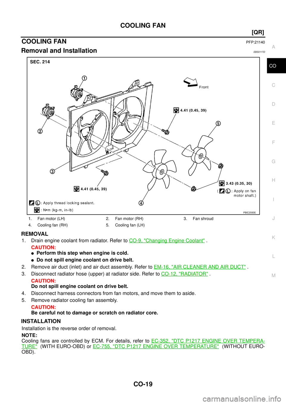 NISSAN X-TRAIL 2005  Service Repair Manual COOLING FAN
CO-19
[QR]
C
D
E
F
G
H
I
J
K
L
MA
CO
 
COOLING FANPFP:21140
Removal and InstallationEBS011TD
REMOVAL
1. Drain engine coolant from radiator. Refer to CO-9, "Changing Engine Coolant" .
CAUTI