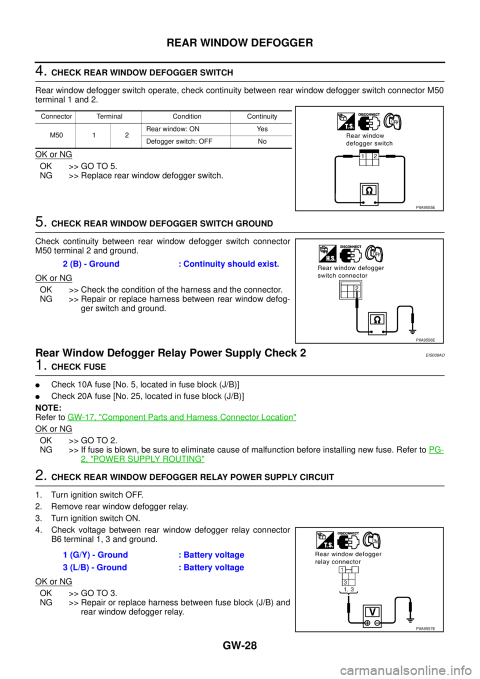NISSAN X-TRAIL 2005 Service Repair Manual GW-28
REAR WINDOW DEFOGGER
4. CHECK REAR WINDOW DEFOGGER SWITCH
Rear window defogger switch operate, check continuity between rear window defogger switch connector M50
terminal 1 and 2.
OK or NG
OK NISSAN X-TRAIL 2005 Service Repair Manual GW-28
REAR WINDOW DEFOGGER
4. CHECK REAR WINDOW DEFOGGER SWITCH
Rear window defogger switch operate, check continuity between rear window defogger switch connector M50
terminal 1 and 2.
OK or NG
OK
