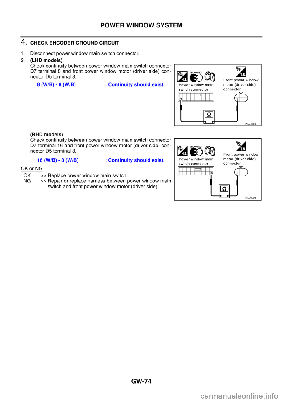 NISSAN X-TRAIL 2005 Service Repair Manual GW-74
POWER WINDOW SYSTEM
4. CHECK ENCODER GROUND CIRCUIT
1. Disconnect power window main switch connector.
2.(LHD models)
Check continuity between power window main switch connector
D7 terminal 8 a NISSAN X-TRAIL 2005 Service Repair Manual GW-74
POWER WINDOW SYSTEM
4. CHECK ENCODER GROUND CIRCUIT
1. Disconnect power window main switch connector.
2.(LHD models)
Check continuity between power window main switch connector
D7 terminal 8 a