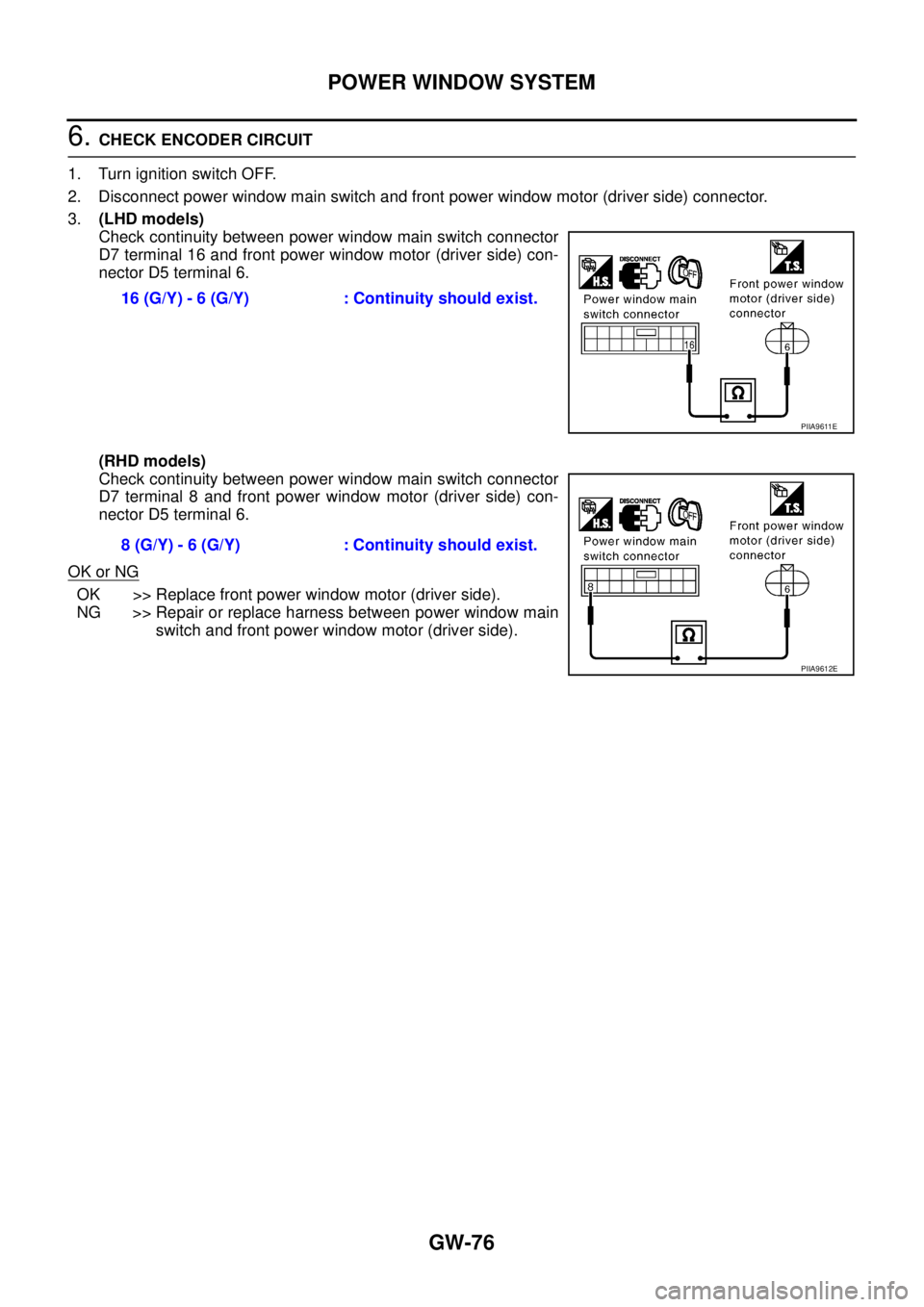 NISSAN X-TRAIL 2005 Service Repair Manual GW-76
POWER WINDOW SYSTEM
6. CHECK ENCODER CIRCUIT
1. Turn ignition switch OFF.
2. Disconnect power window main switch and front power window motor (driver side) connector.
3.(LHD models)
Check cont NISSAN X-TRAIL 2005 Service Repair Manual GW-76
POWER WINDOW SYSTEM
6. CHECK ENCODER CIRCUIT
1. Turn ignition switch OFF.
2. Disconnect power window main switch and front power window motor (driver side) connector.
3.(LHD models)
Check cont