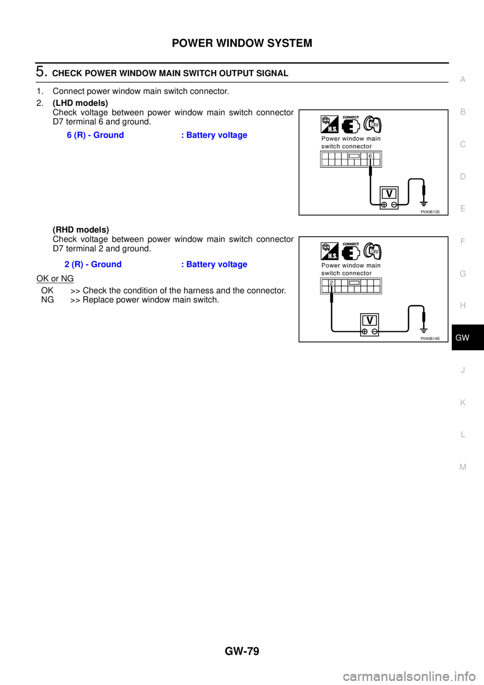 NISSAN X-TRAIL 2005  Service Repair Manual POWER WINDOW SYSTEM
GW-79
C
D
E
F
G
H
J
K
L
MA
B
GW
 
5. CHECK POWER WINDOW MAIN SWITCH OUTPUT SIGNAL 
1. Connect power window main switch connector.
2.(LHD models)
Check voltage between power window 