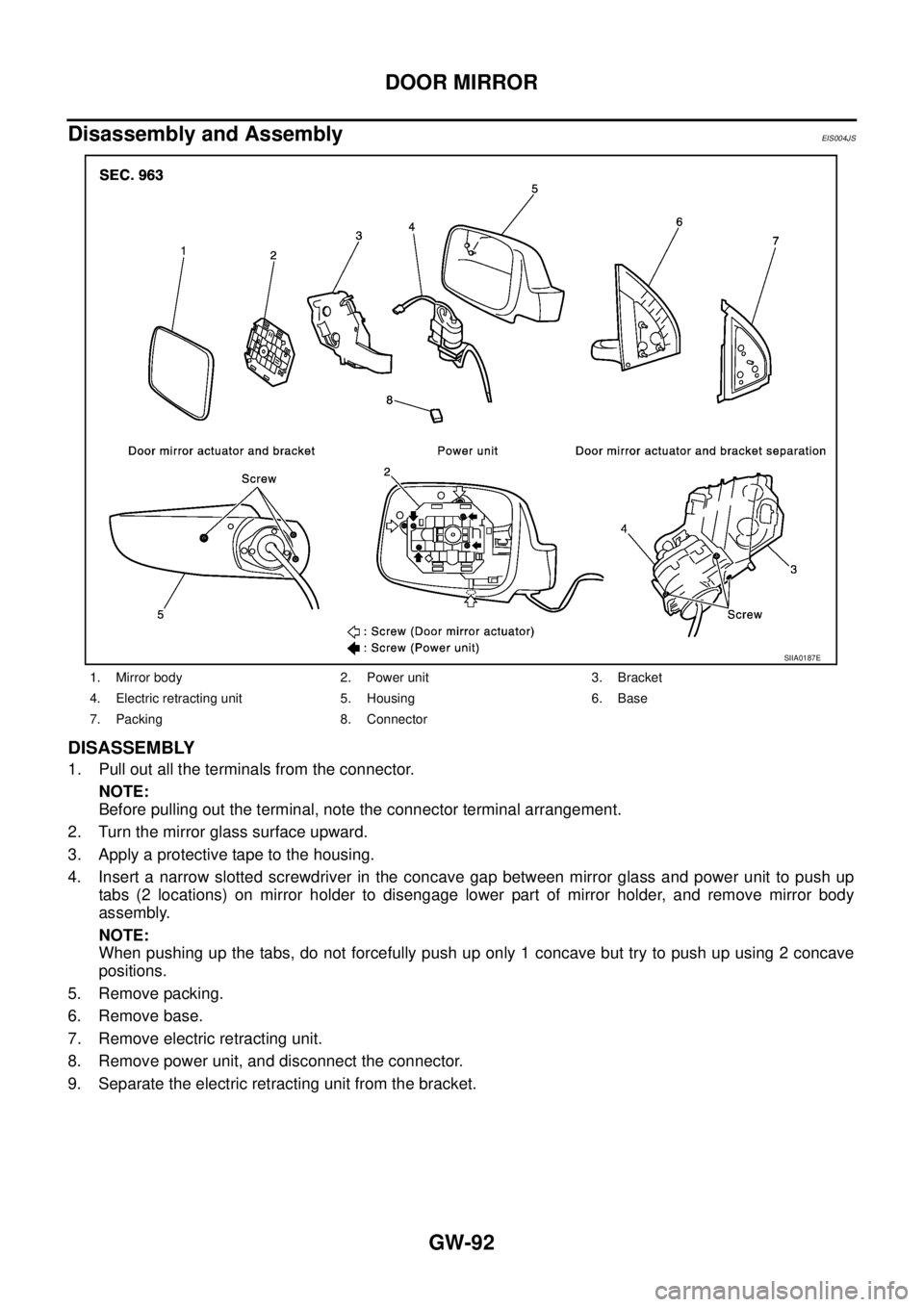 NISSAN X-TRAIL 2005  Service Repair Manual GW-92
DOOR MIRROR
 
Disassembly and AssemblyEIS004JS
DISASSEMBLY
1. Pull out all the terminals from the connector.
NOTE:
Before pulling out the terminal, note the connector terminal arrangement.
2. Tu