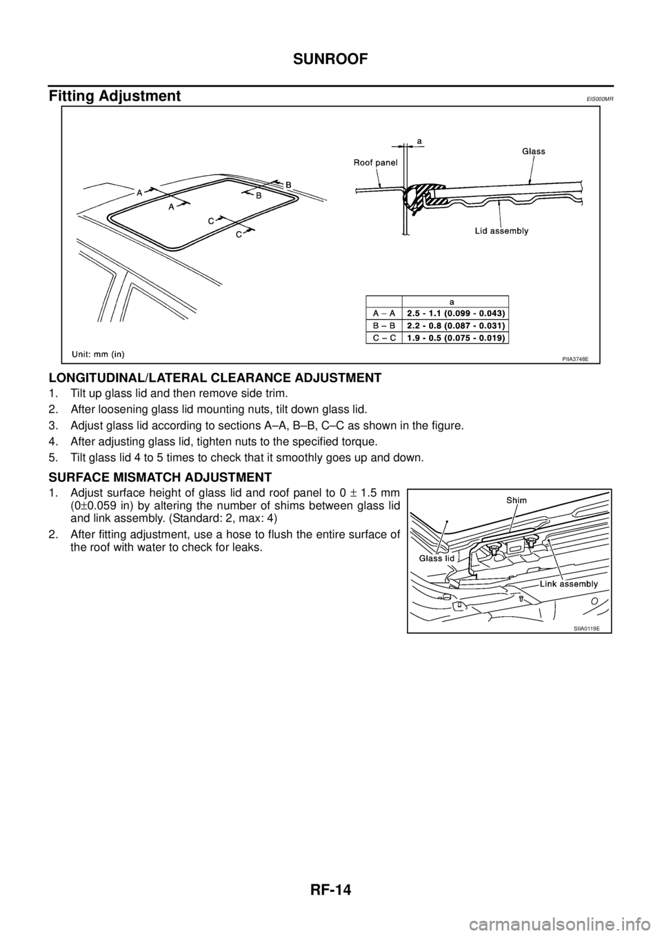 NISSAN X-TRAIL 2005  Service Repair Manual RF-14
SUNROOF
 
Fitting AdjustmentEIS000MR
LONGITUDINAL/LATERAL CLEARANCE ADJUSTMENT
1. Tilt up glass lid and then remove side trim.
2. After loosening glass lid mounting nuts, tilt down glass lid.
3.