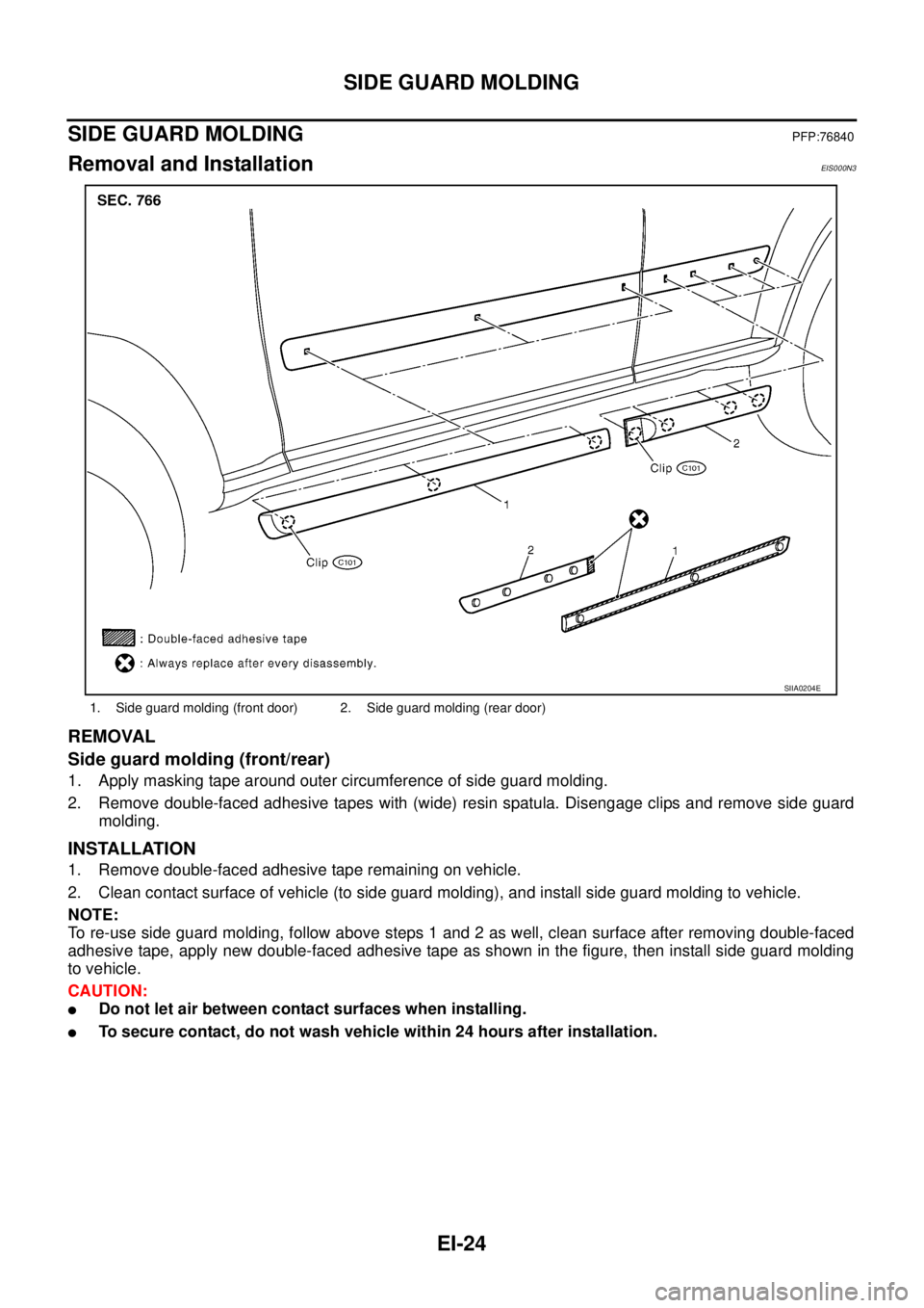 NISSAN X-TRAIL 2005  Service Repair Manual EI-24
SIDE GUARD MOLDING
 
SIDE GUARD MOLDINGPFP:76840
Removal and InstallationEIS000N3
REMOVAL
Side guard molding (front/rear)
1. Apply masking tape around outer circumference of side guard molding.
