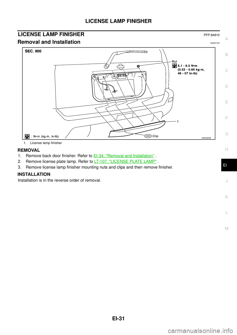 NISSAN X-TRAIL 2005  Service Repair Manual LICENSE LAMP FINISHER
EI-31
C
D
E
F
G
H
J
K
L
MA
B
EI
 
LICENSE LAMP FINISHERPFP:84810
Removal and InstallationEIS001NV
REMOVAL
1. Remove back door finisher. Refer to EI-34, "Removal and Installation"