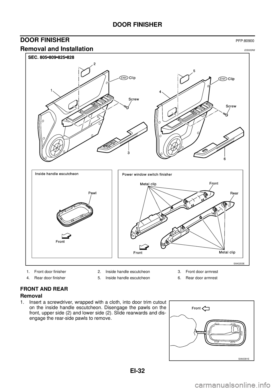 NISSAN X-TRAIL 2005  Service Repair Manual EI-32
DOOR FINISHER
 
DOOR FINISHERPFP:80900
Removal and InstallationEIS000N9
FRONT AND REAR
Removal
1. Insert a screwdriver, wrapped with a cloth, into door trim cutout
on the inside handle escutcheo