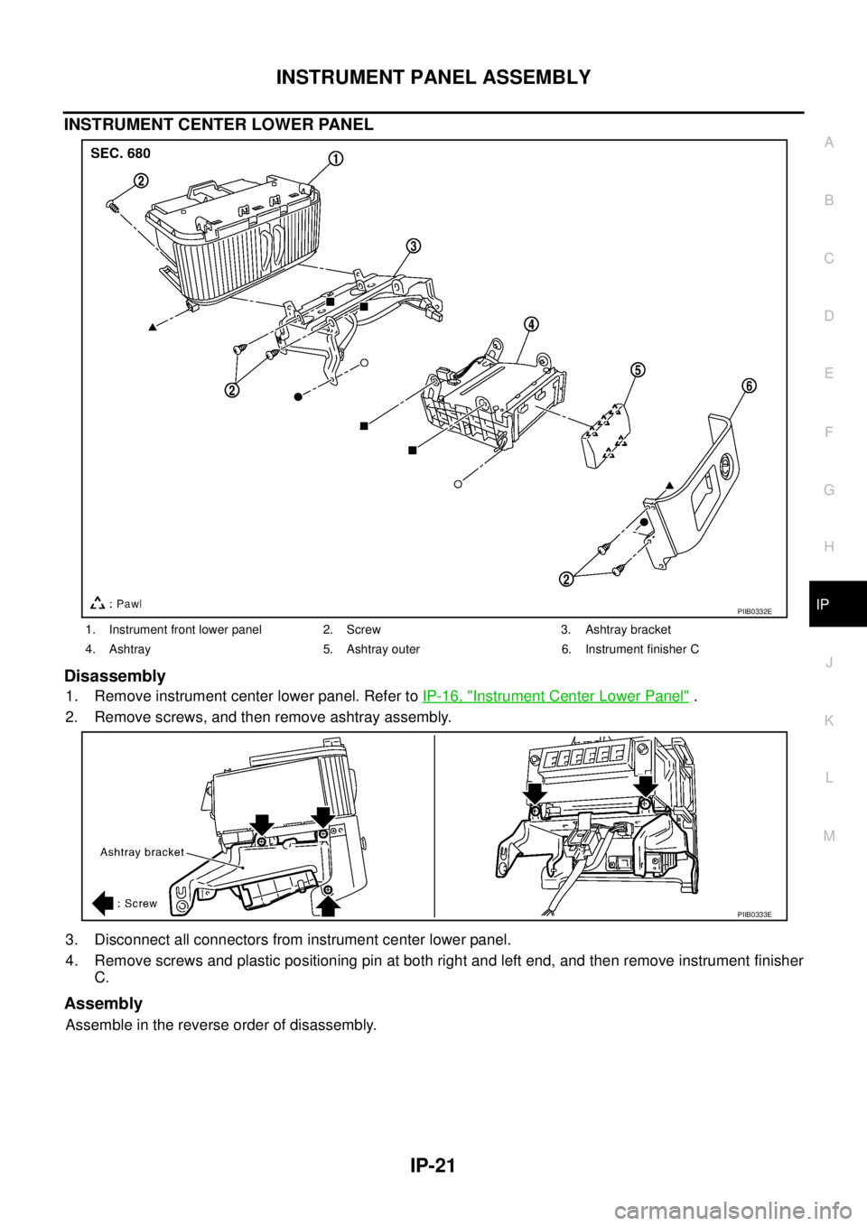 NISSAN X-TRAIL 2005 Service Repair Manual INSTRUMENT PANEL ASSEMBLY
IP-21
C
D
E
F
G
H
J
K
L
MA
B
IP
INSTRUMENT CENTER LOWER PANEL
Disassembly
1. Remove instrument center lower panel. Refer to IP-16, "Instrument Center Lower Panel" .
2. Remo NISSAN X-TRAIL 2005 Service Repair Manual INSTRUMENT PANEL ASSEMBLY
IP-21
C
D
E
F
G
H
J
K
L
MA
B
IP
INSTRUMENT CENTER LOWER PANEL
Disassembly
1. Remove instrument center lower panel. Refer to IP-16, "Instrument Center Lower Panel" .
2. Remo