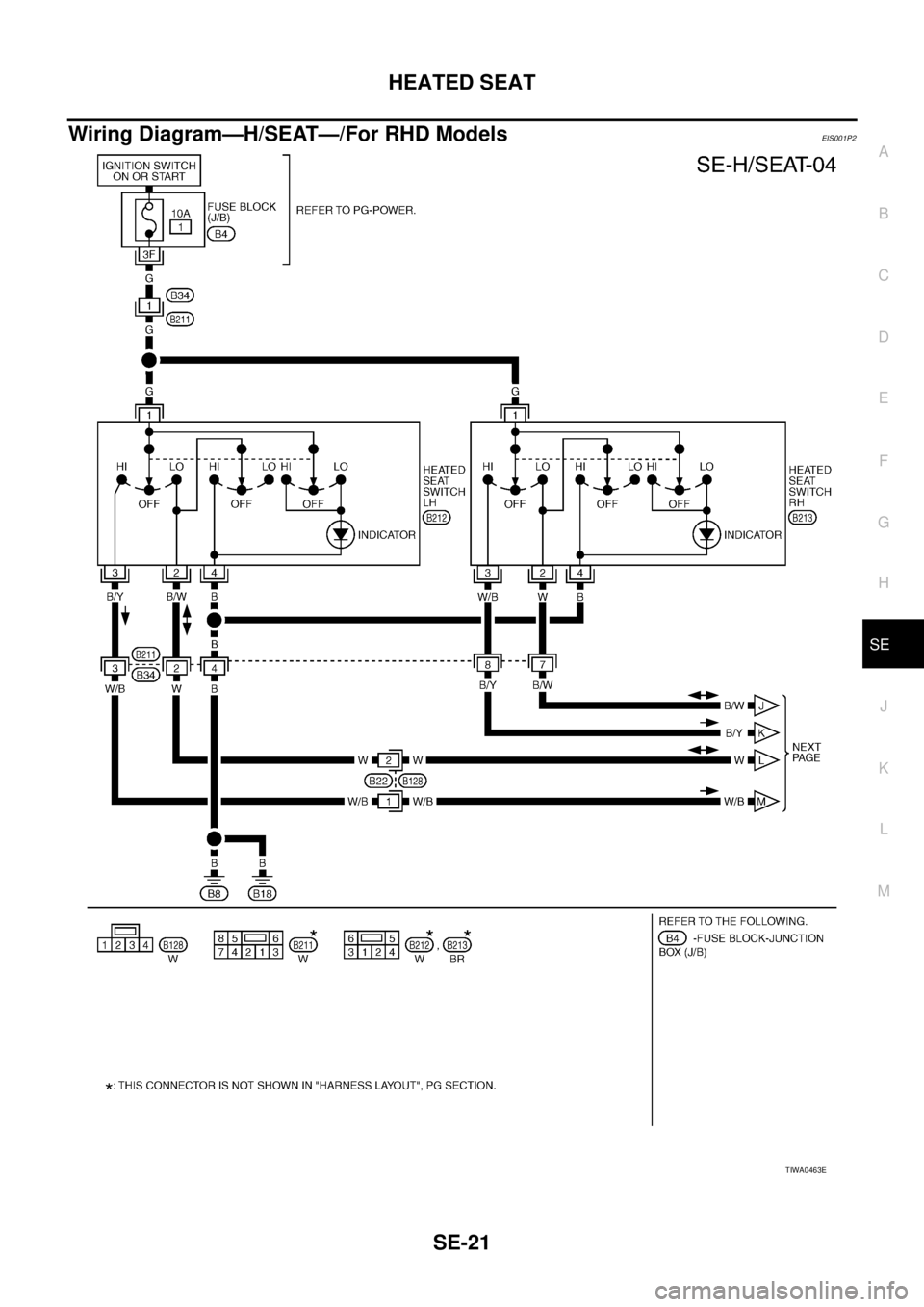 NISSAN X-TRAIL 2005 Service Repair Manual HEATED SEAT
SE-21
C
D
E
F
G
H
J
K
L
MA
B
SE
Wiring Diagram—H/SEAT—/For RHD ModelsEIS001P2
TIWA0463E NISSAN X-TRAIL 2005 Service Repair Manual HEATED SEAT
SE-21
C
D
E
F
G
H
J
K
L
MA
B
SE
Wiring Diagram—H/SEAT—/For RHD ModelsEIS001P2
TIWA0463E