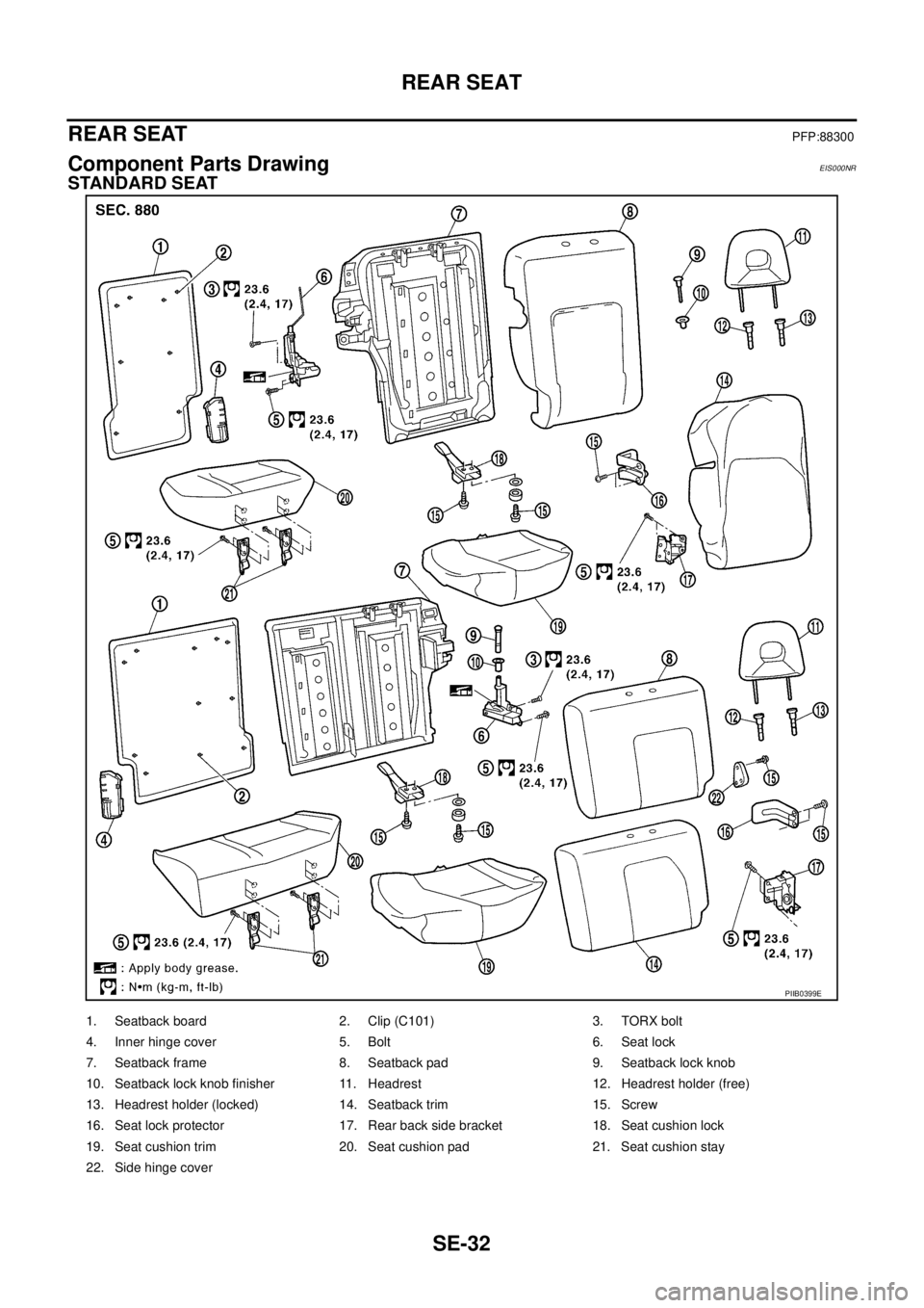 NISSAN X-TRAIL 2005  Service Repair Manual SE-32
REAR SEAT
 
REAR SEATPFP:88300
Component Parts DrawingEIS000NR
STANDARD SEAT
PIIB0399E
1. Seatback board 2. Clip (C101) 3. TORX bolt
4. Inner hinge cover 5. Bolt 6. Seat lock
7. Seatback frame 8