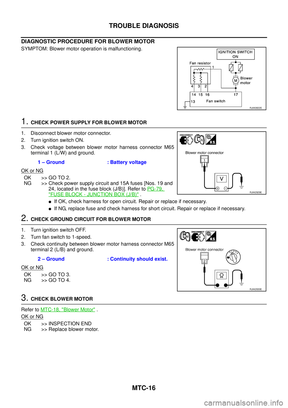 NISSAN X-TRAIL 2005  Service Repair Manual MTC-16
TROUBLE DIAGNOSIS
 
DIAGNOSTIC PROCEDURE FOR BLOWER MOTOR
SYMPTOM: Blower motor operation is malfunctioning.
1. CHECK POWER SUPPLY FOR BLOWER MOTOR
1. Disconnect blower motor connector.
2. Turn