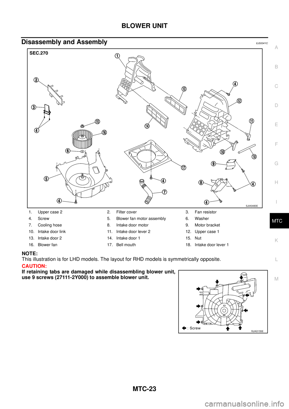NISSAN X-TRAIL 2005  Service Repair Manual BLOWER UNIT
MTC-23
C
D
E
F
G
H
I
K
L
MA
B
MTC
 
Disassembly and AssemblyEJS004YC
NOTE:
This illustration is for LHD models. The layout for RHD models is symmetrically opposite.
CAUTION:
If retaining t