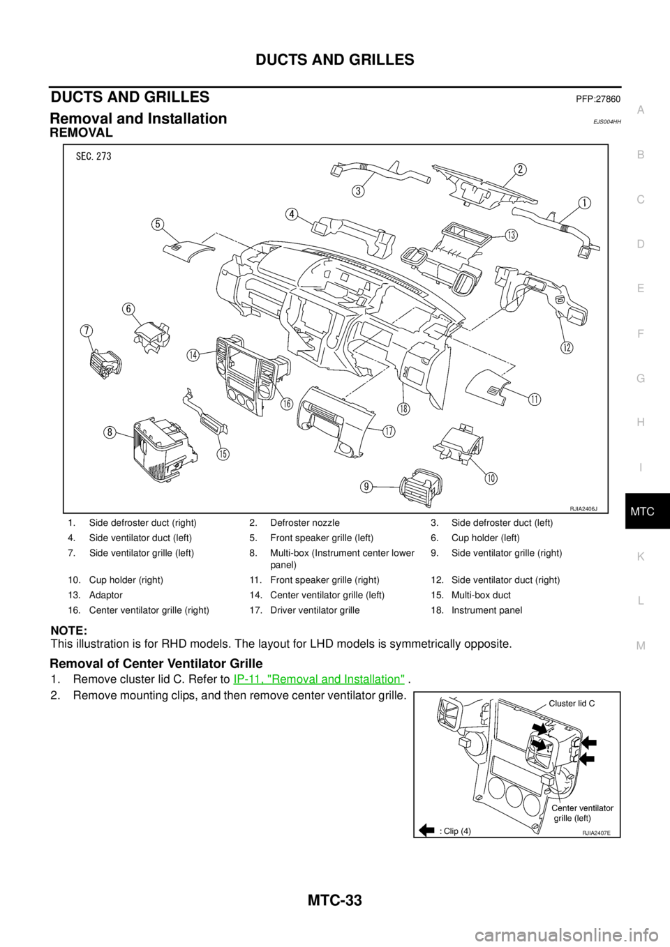 NISSAN X-TRAIL 2005  Service Repair Manual DUCTS AND GRILLES
MTC-33
C
D
E
F
G
H
I
K
L
MA
B
MTC
 
DUCTS AND GRILLESPFP:27860
Removal and InstallationEJS004HH
REMOVAL
NOTE:
This illustration is for RHD models. The layout for LHD models is symmet