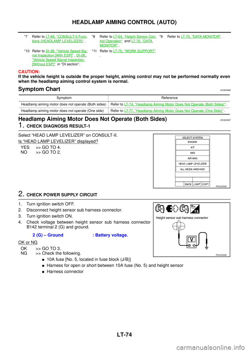 NISSAN X-TRAIL 2005  Service Repair Manual LT-74
HEADLAMP AIMING CONTROL (AUTO)
 
CAUTION:
If the vehicle height is outside the proper height, aiming control may not be performed normally even
when the headlamp aiming control system is normal.