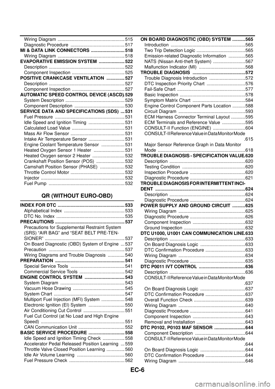 NISSAN X-TRAIL 2005  Service Repair Manual EC-6 Wiring Diagram  .....................................................515
Diagnostic Procedure  ...........................................517
MI & DATA LINK CONNECTORS  ..........................