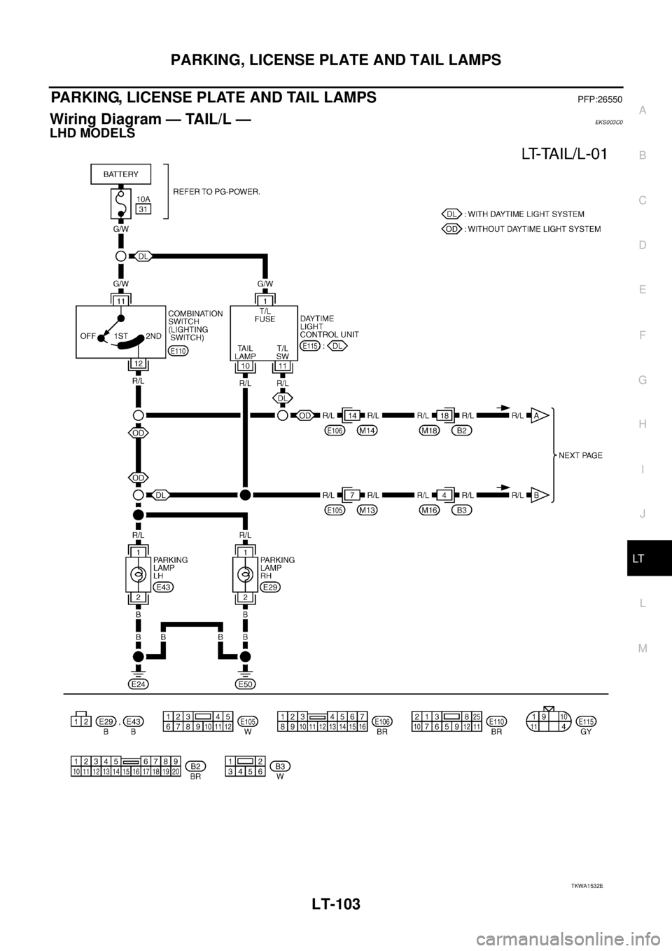 NISSAN X-TRAIL 2005  Service Repair Manual PARKING, LICENSE PLATE AND TAIL LAMPS
LT-103
C
D
E
F
G
H
I
J
L
MA
B
LT
 
PARKING, LICENSE PLATE AND TAIL LAMPSPFP:26550
Wiring Diagram — TAIL/L — EKS003C0
LHD MODELS
TKWA1532E 