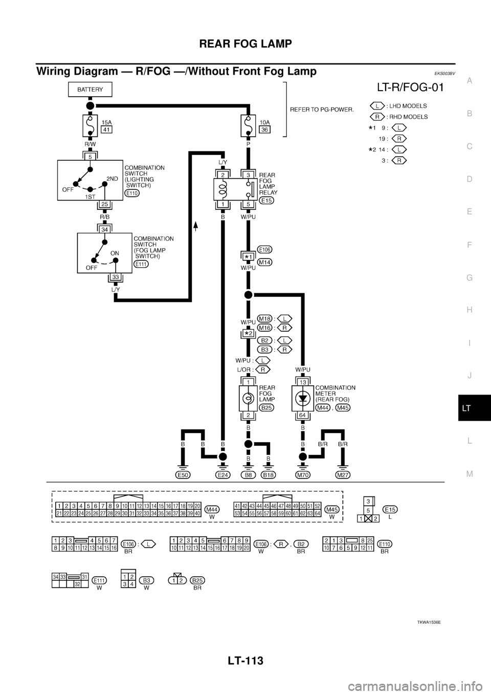 NISSAN X-TRAIL 2005  Service Repair Manual REAR FOG LAMP
LT-113
C
D
E
F
G
H
I
J
L
MA
B
LT
 
Wiring Diagram — R/FOG —/Without Front Fog LampEKS003BV
TKWA1536E 
