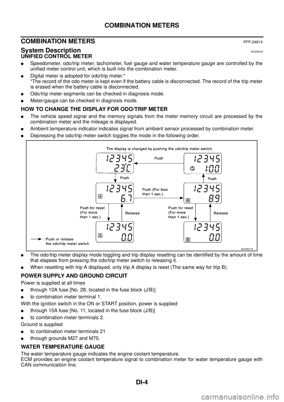 NISSAN X-TRAIL 2005  Service Repair Manual DI-4
COMBINATION METERS
 
COMBINATION METERSPFP:24814
System DescriptionEKS00EGZ
UNIFIED CONTROL METER
Speedometer, odo/trip meter, tachometer, fuel gauge and water temperature gauge are controlled b