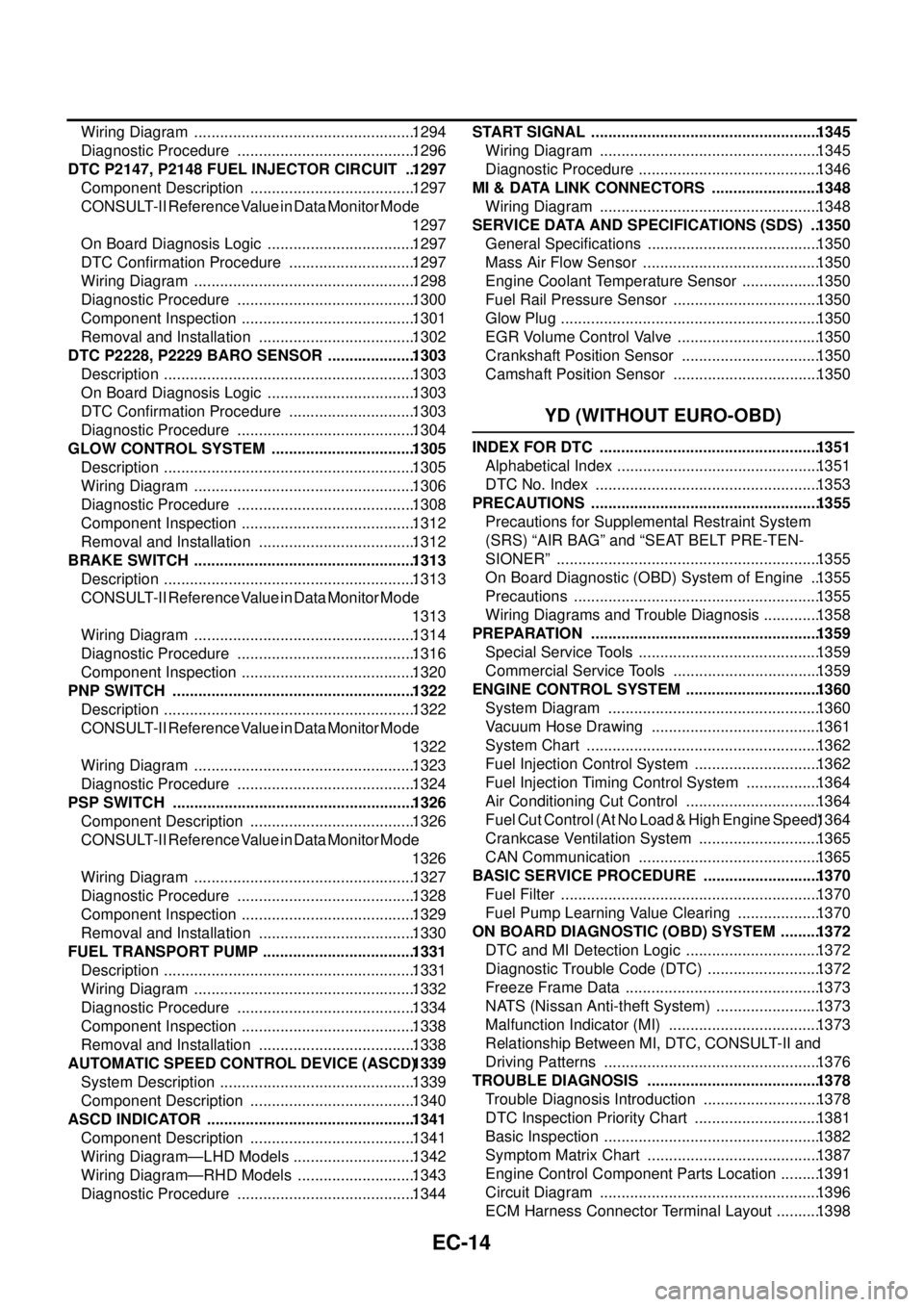 NISSAN X-TRAIL 2005  Service Repair Manual EC-14 Wiring Diagram  ....................................................1294
Diagnostic Procedure  ..........................................1296
DTC P2147, P2148 FUEL INJECTOR CIRCUIT  ...1297
Comp