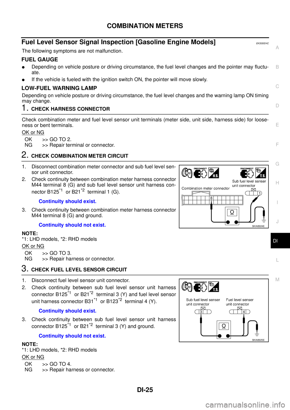 NISSAN X-TRAIL 2005  Service Repair Manual COMBINATION METERS
DI-25
C
D
E
F
G
H
I
J
L
MA
B
DI
 
Fuel Level Sensor Signal Inspection [Gasoline Engine Models]EKS00EHC
The following symptoms are not malfunction.
FUEL GAUGE
Depending on vehicle p