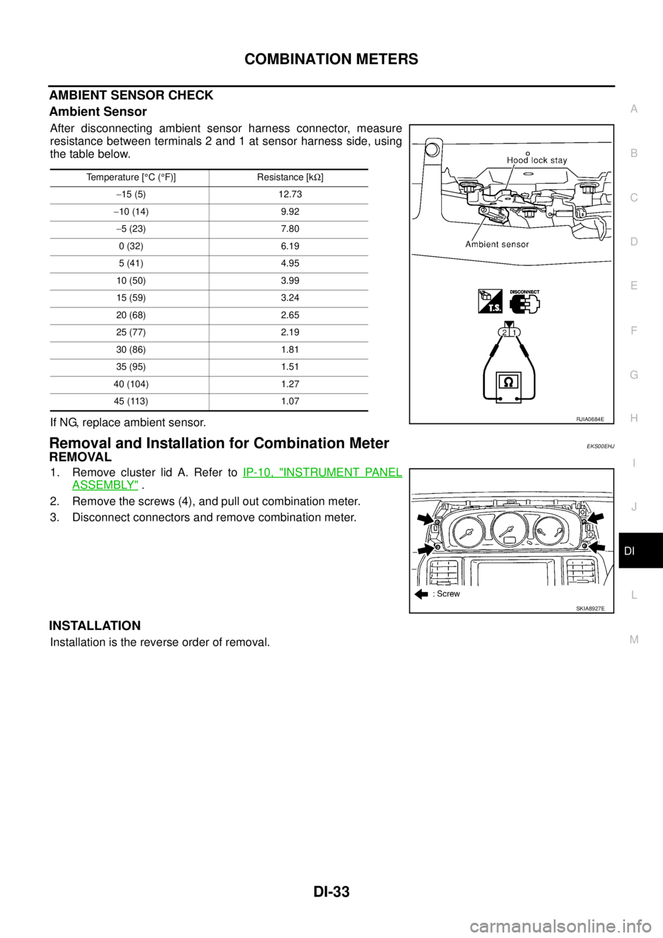 NISSAN X-TRAIL 2005 Service Repair Manual COMBINATION METERS
DI-33
C
D
E
F
G
H
I
J
L
MA
B
DI
AMBIENT SENSOR CHECK
Ambient Sensor
After disconnecting ambient sensor harness connector, measure
resistance between terminals 2 and 1 at sensor ha NISSAN X-TRAIL 2005 Service Repair Manual COMBINATION METERS
DI-33
C
D
E
F
G
H
I
J
L
MA
B
DI
AMBIENT SENSOR CHECK
Ambient Sensor
After disconnecting ambient sensor harness connector, measure
resistance between terminals 2 and 1 at sensor ha