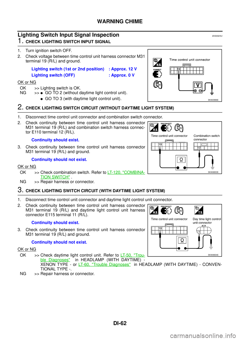 NISSAN X-TRAIL 2005  Service Repair Manual DI-62
WARNING CHIME
 
Lighting Switch Input Signal Inspection EKS002XU
1. CHECK LIGHTING SWITCH INPUT SIGNAL
1. Turn ignition switch OFF.
2. Check voltage between time control unit harness connector M