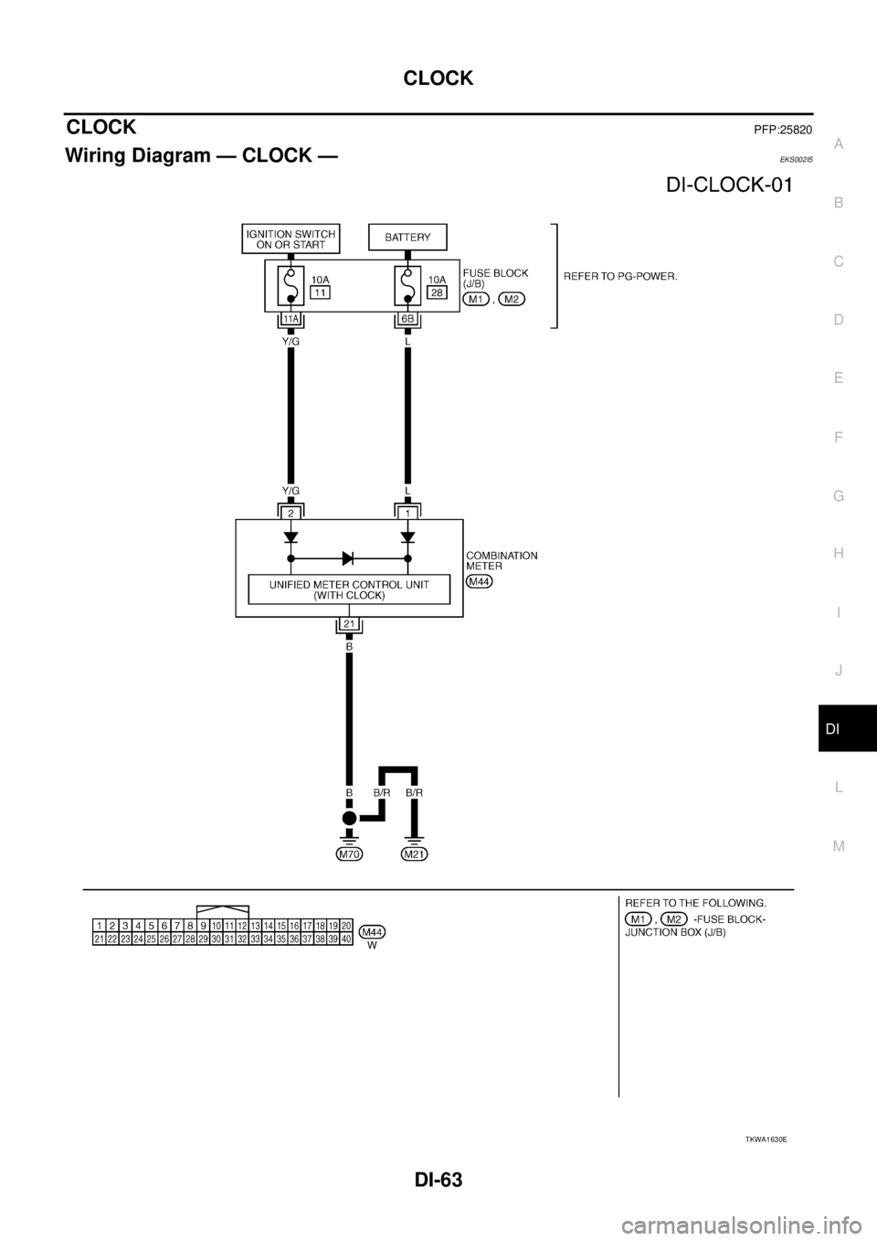 NISSAN X-TRAIL 2005  Service Repair Manual CLOCK
DI-63
C
D
E
F
G
H
I
J
L
MA
B
DI
 
CLOCKPFP:25820
Wiring Diagram — CLOCK —EKS002I5
TKWA1630E 