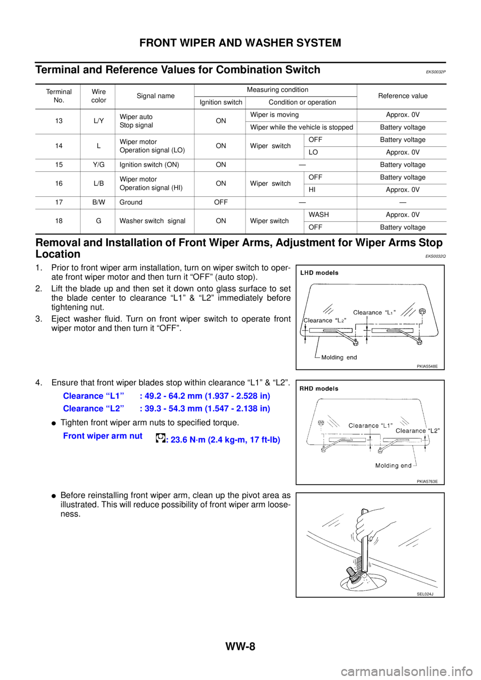 NISSAN X-TRAIL 2005  Service Repair Manual WW-8
FRONT WIPER AND WASHER SYSTEM
 
Terminal and Reference Values for Combination SwitchEKS0032P
Removal and Installation of Front Wiper Arms, Adjustment for Wiper Arms Stop 
Location 
EKS0032Q
1. Pr