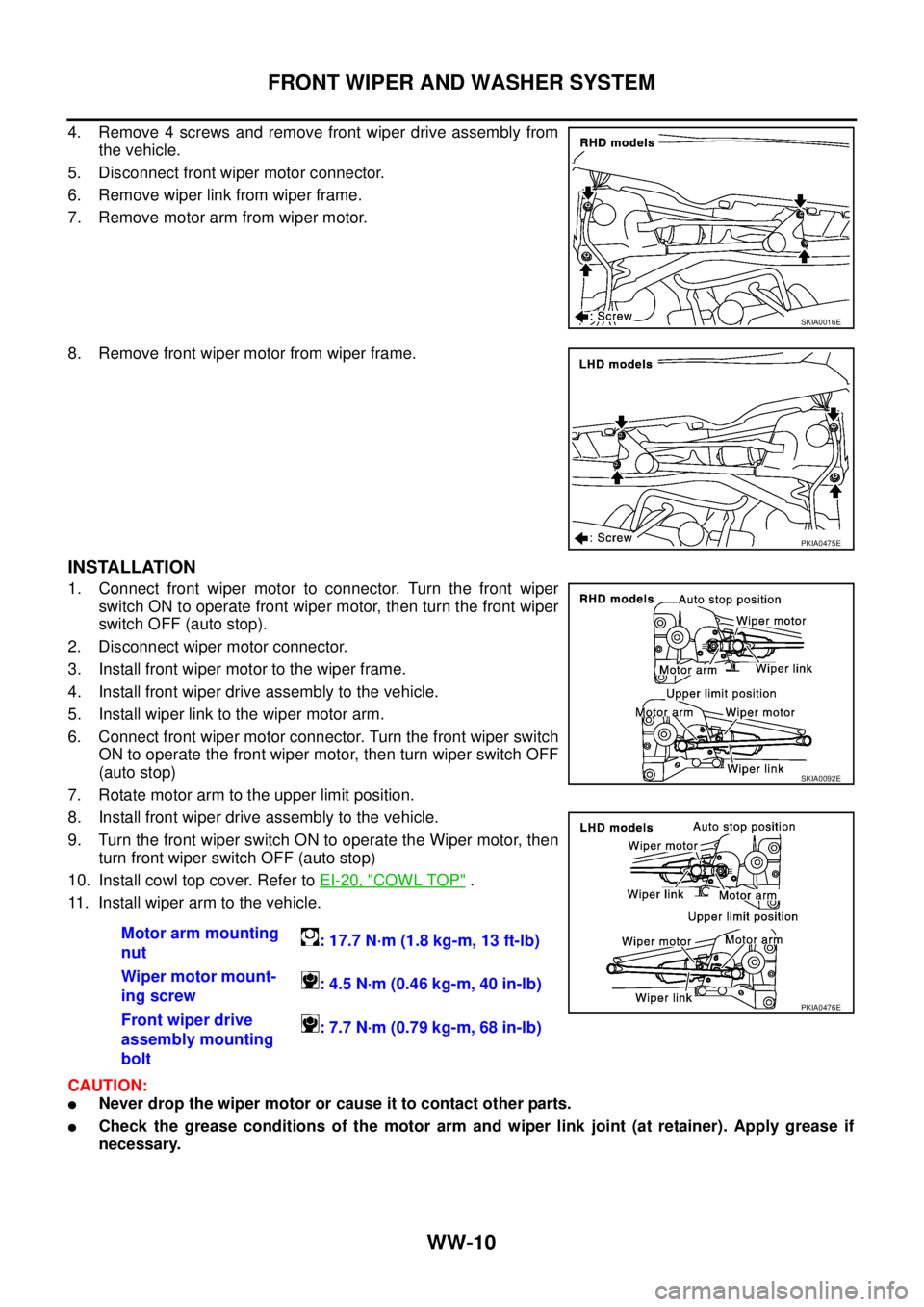 NISSAN X-TRAIL 2005  Service Repair Manual WW-10
FRONT WIPER AND WASHER SYSTEM
 
4. Remove 4 screws and remove front wiper drive assembly from
the vehicle.
5. Disconnect front wiper motor connector.
6. Remove wiper link from wiper frame.
7. Re
