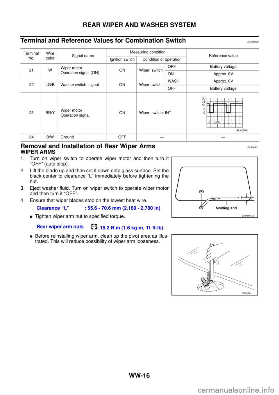 NISSAN X-TRAIL 2005  Service Repair Manual WW-16
REAR WIPER AND WASHER SYSTEM
 
Terminal and Reference Values for Combination SwitchEKS00330
Removal and Installation of Rear Wiper Arms EKS00331
WIPER ARMS
1. Turn on wiper switch to operate wip