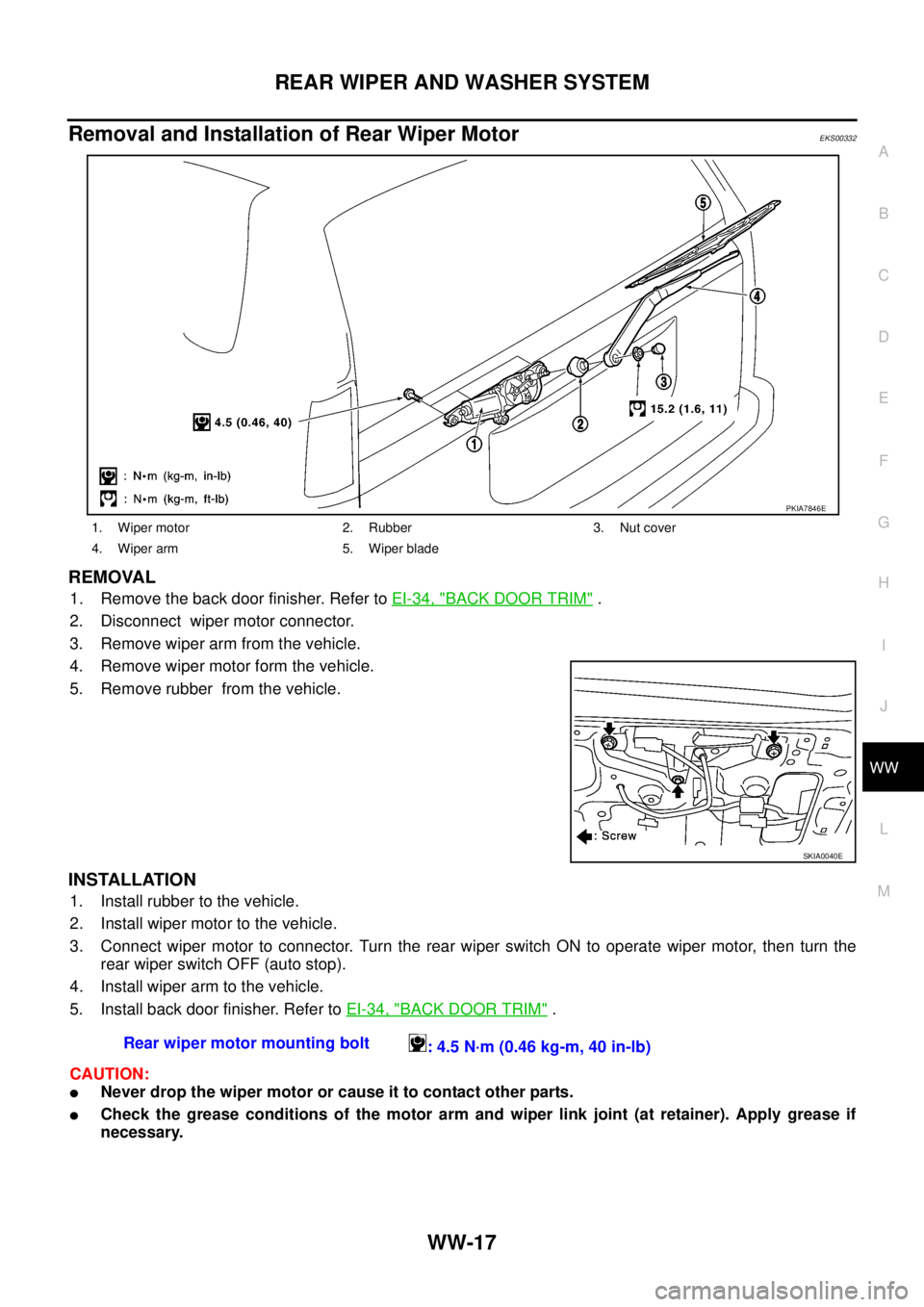 NISSAN X-TRAIL 2005  Service Repair Manual REAR WIPER AND WASHER SYSTEM
WW-17
C
D
E
F
G
H
I
J
L
MA
B
WW
 
Removal and Installation of Rear Wiper MotorEKS00332
REMOVAL
1. Remove the back door finisher. Refer to EI-34, "BACK DOOR TRIM" .
2. Disc