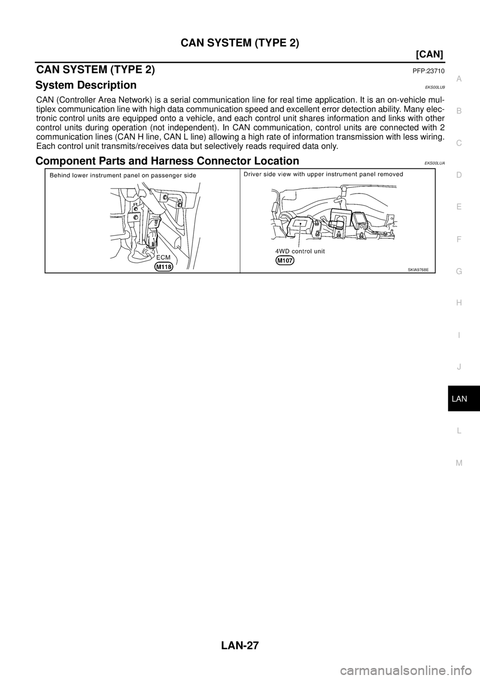 NISSAN X-TRAIL 2005  Service Repair Manual CAN SYSTEM (TYPE 2)
LAN-27
[CAN]
C
D
E
F
G
H
I
J
L
MA
B
LAN
 
CAN SYSTEM (TYPE 2)PFP:23710
System DescriptionEKS00LU9
CAN (Controller Area Network) is a serial communication line for real time applica