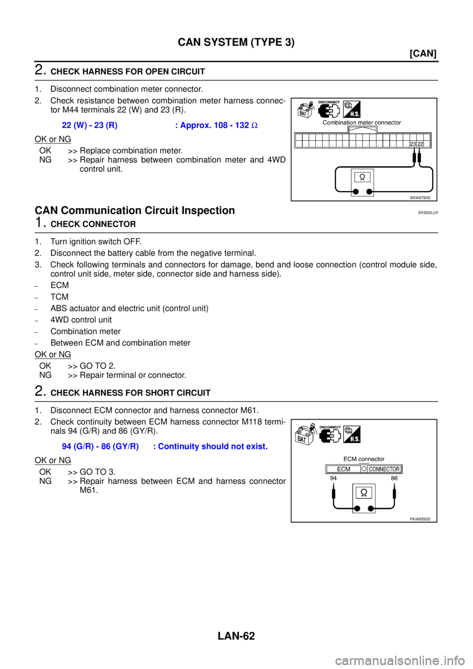 NISSAN X-TRAIL 2005  Service Repair Manual LAN-62
[CAN]
CAN SYSTEM (TYPE 3)
 
2. CHECK HARNESS FOR OPEN CIRCUIT
1. Disconnect combination meter connector.
2. Check resistance between combination meter harness connec-
tor M44 terminals 22 (W) a