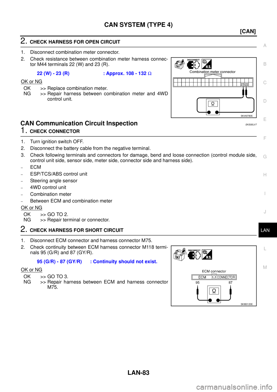 NISSAN X-TRAIL 2005  Service Repair Manual CAN SYSTEM (TYPE 4)
LAN-83
[CAN]
C
D
E
F
G
H
I
J
L
MA
B
LAN
 
2. CHECK HARNESS FOR OPEN CIRCUIT
1. Disconnect combination meter connector.
2. Check resistance between combination meter harness connec-