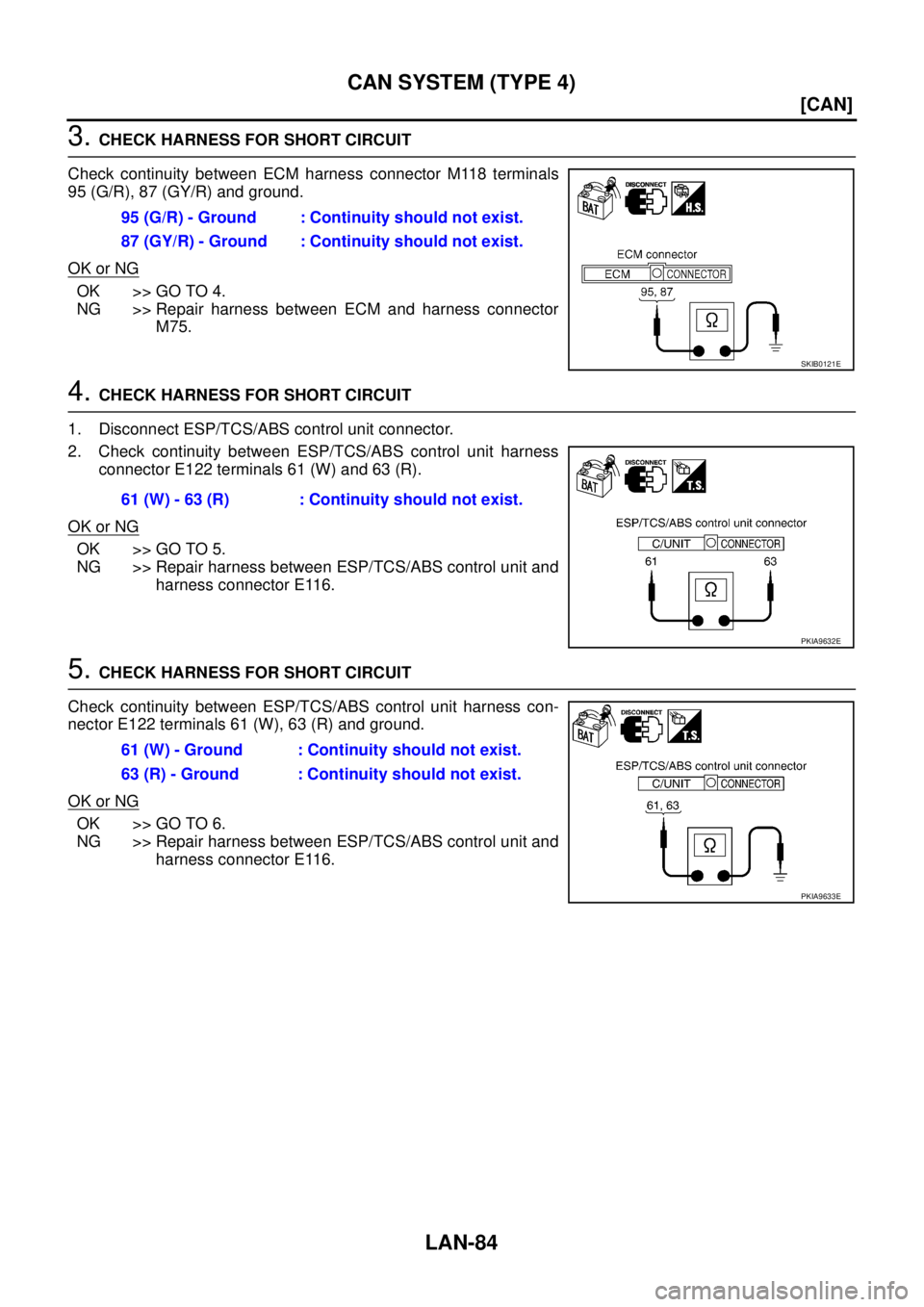 NISSAN X-TRAIL 2005  Service Repair Manual LAN-84
[CAN]
CAN SYSTEM (TYPE 4)
 
3. CHECK HARNESS FOR SHORT CIRCUIT
Check continuity between ECM harness connector M118 terminals
95 (G/R), 87 (GY/R) and ground.
OK or NG
OK >> GO TO 4.
NG >> Repair