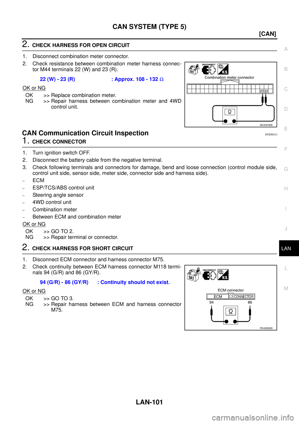 NISSAN X-TRAIL 2005  Service Repair Manual CAN SYSTEM (TYPE 5)
LAN-101
[CAN]
C
D
E
F
G
H
I
J
L
MA
B
LAN
 
2. CHECK HARNESS FOR OPEN CIRCUIT
1. Disconnect combination meter connector.
2. Check resistance between combination meter harness connec