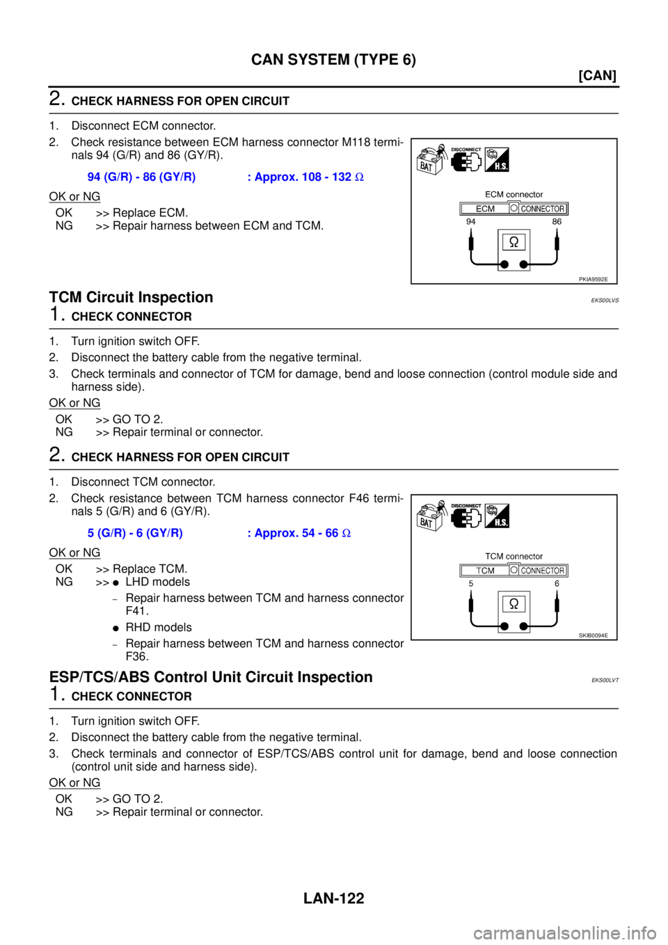 NISSAN X-TRAIL 2005  Service Repair Manual LAN-122
[CAN]
CAN SYSTEM (TYPE 6)
 
2. CHECK HARNESS FOR OPEN CIRCUIT
1. Disconnect ECM connector.
2. Check resistance between ECM harness connector M118 termi-
nals 94 (G/R) and 86 (GY/R).
OK or NG
O