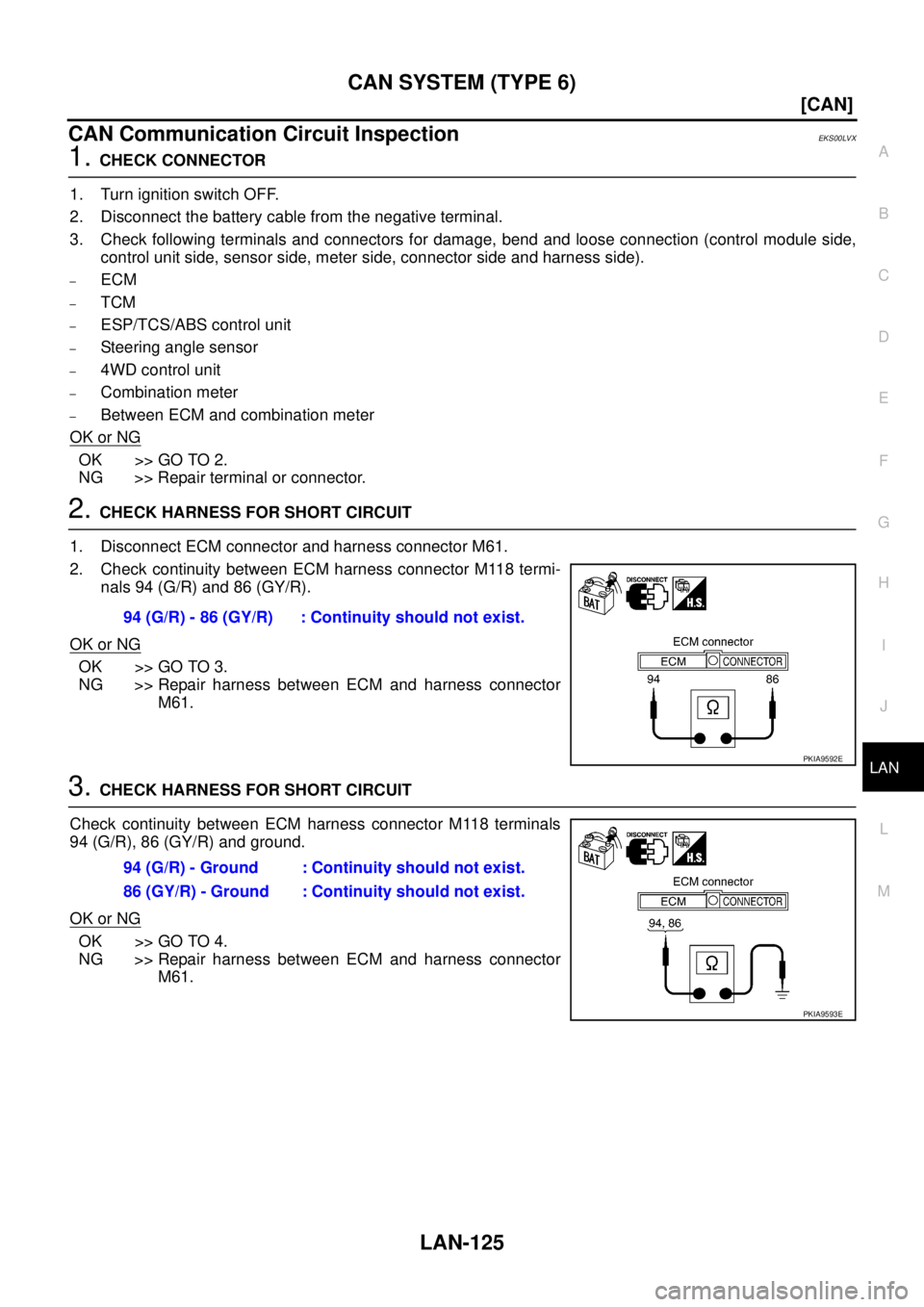 NISSAN X-TRAIL 2005  Service Repair Manual CAN SYSTEM (TYPE 6)
LAN-125
[CAN]
C
D
E
F
G
H
I
J
L
MA
B
LAN
 
CAN Communication Circuit InspectionEKS00LVX
1. CHECK CONNECTOR
1. Turn ignition switch OFF.
2. Disconnect the battery cable from the neg