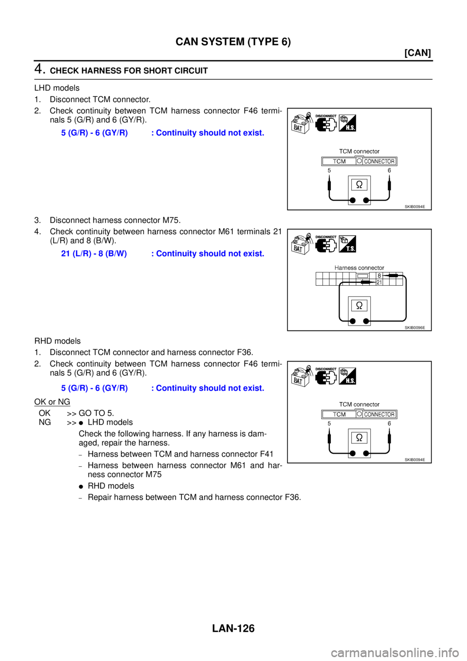 NISSAN X-TRAIL 2005  Service Repair Manual LAN-126
[CAN]
CAN SYSTEM (TYPE 6)
 
4. CHECK HARNESS FOR SHORT CIRCUIT
LHD models
1. Disconnect TCM connector.
2. Check continuity between TCM harness connector F46 termi-
nals 5 (G/R) and 6 (GY/R).
3