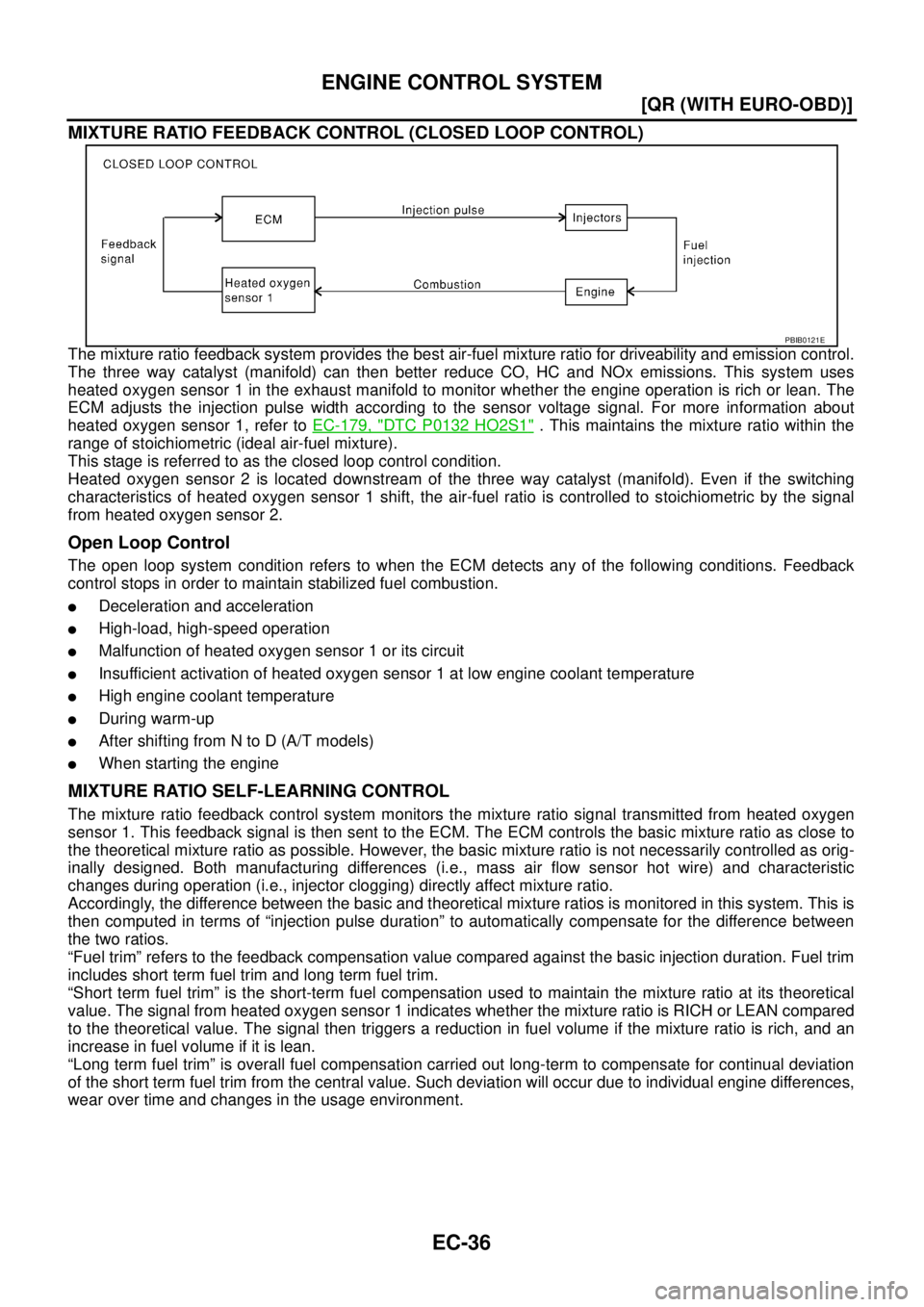 NISSAN X-TRAIL 2005  Service Repair Manual EC-36
[QR (WITH EURO-OBD)]
ENGINE CONTROL SYSTEM
 
MIXTURE RATIO FEEDBACK CONTROL (CLOSED LOOP CONTROL)
The mixture ratio feedback system provides the best air-fuel mixture ratio for driveability and 