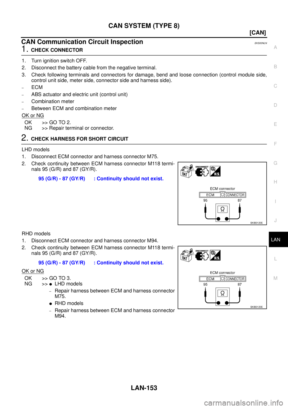 NISSAN X-TRAIL 2005  Service Repair Manual CAN SYSTEM (TYPE 8)
LAN-153
[CAN]
C
D
E
F
G
H
I
J
L
MA
B
LAN
 
CAN Communication Circuit InspectionEKS00NLN
1. CHECK CONNECTOR
1. Turn ignition switch OFF.
2. Disconnect the battery cable from the neg