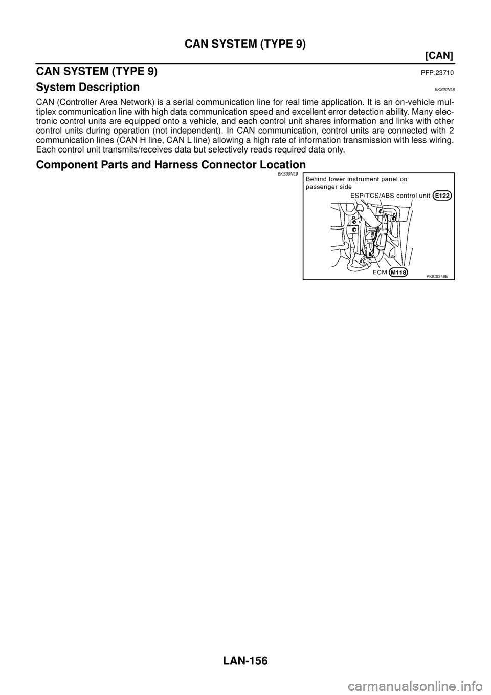 NISSAN X-TRAIL 2005  Service Repair Manual LAN-156
[CAN]
CAN SYSTEM (TYPE 9)
 
CAN SYSTEM (TYPE 9)PFP:23710
System DescriptionEKS00NL8
CAN (Controller Area Network) is a serial communication line for real time application. It is an on-vehicle 