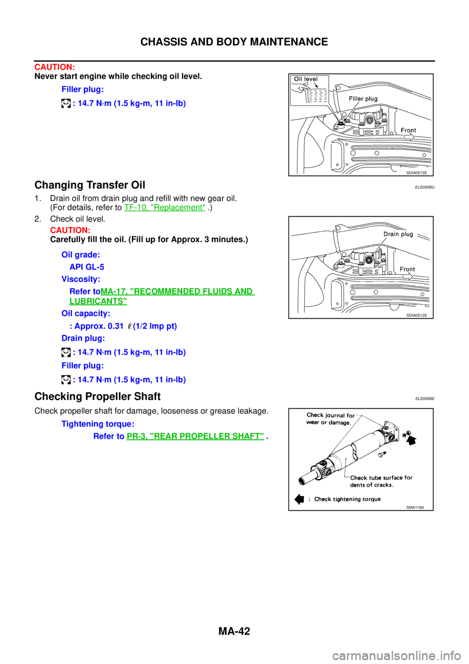 NISSAN X-TRAIL 2005  Service Repair Manual MA-42
CHASSIS AND BODY MAINTENANCE
 
CAUTION:
Never start engine while checking oil level.
Changing Transfer OilELS000BU
1. Drain oil from drain plug and refill with new gear oil.
(For details, refer 